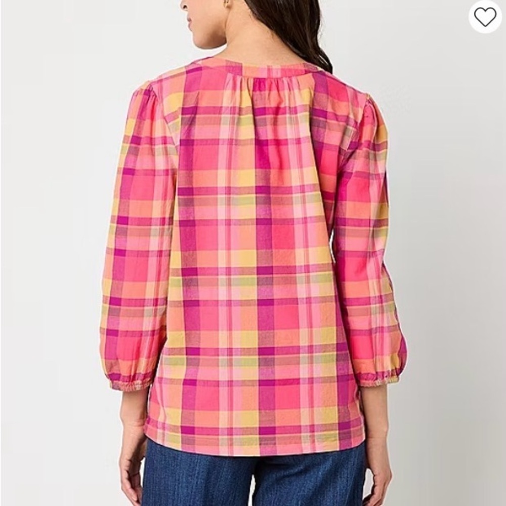 4/$20 St John's Bay Pink Plaid Split Tie Neck 3/4 Sleeve Blouse Size M NWT - Picture 4 of 5